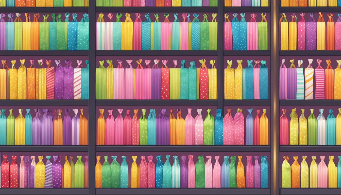 A colorful display of opening ceremony ribbons arranged neatly on shelves in a Singaporean retail store. Bright and inviting signage indicates the availability of the ribbons for purchase