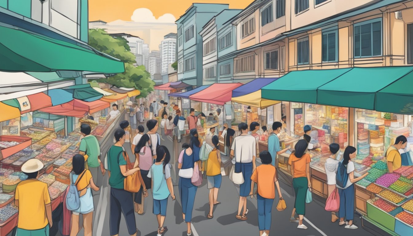 A busy street in Singapore with various shops and stalls selling caps, with people browsing and purchasing