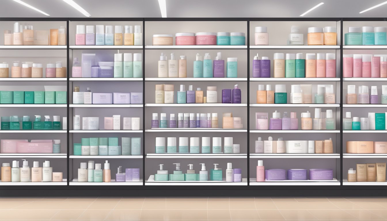 A display of Paula's Choice products arranged on a clean, modern shelf in a well-lit skincare store in Singapore