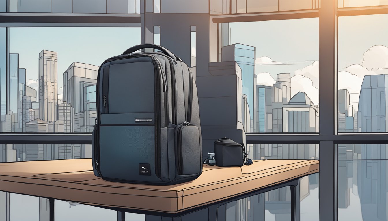 The Nomatic Backpack stands against a city skyline, showcasing its sleek design and multiple compartments. Available for purchase in Singapore