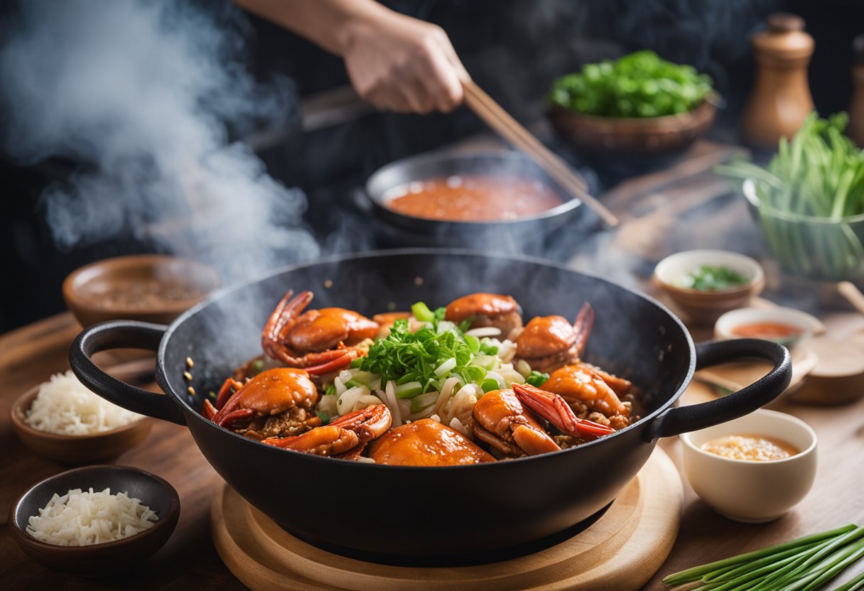 A steaming wok sizzles with red chili crab, surrounded by ginger, garlic, and green onions. A bowl of spicy sauce sits nearby