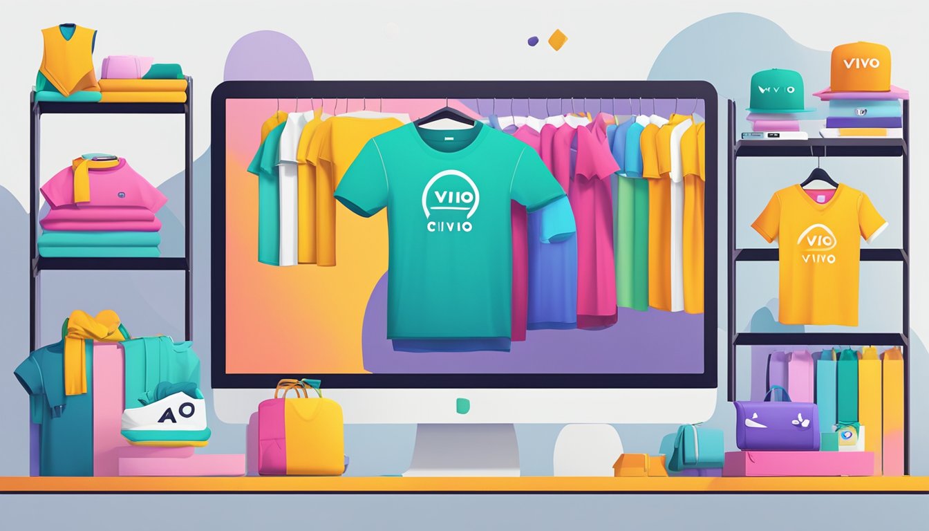 A vibrant online store with colorful Vivo T-shirts displayed on a clean, modern website. The logo is prominent and the shirts are neatly arranged