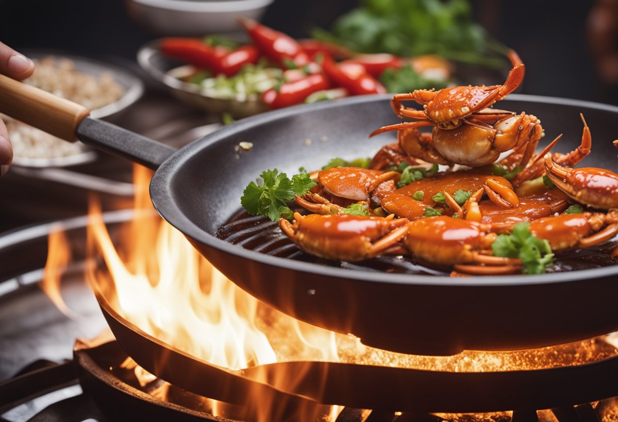 A wok sizzles with red chili sauce, as a crab is being expertly prepared, its shell glistening with the spicy glaze