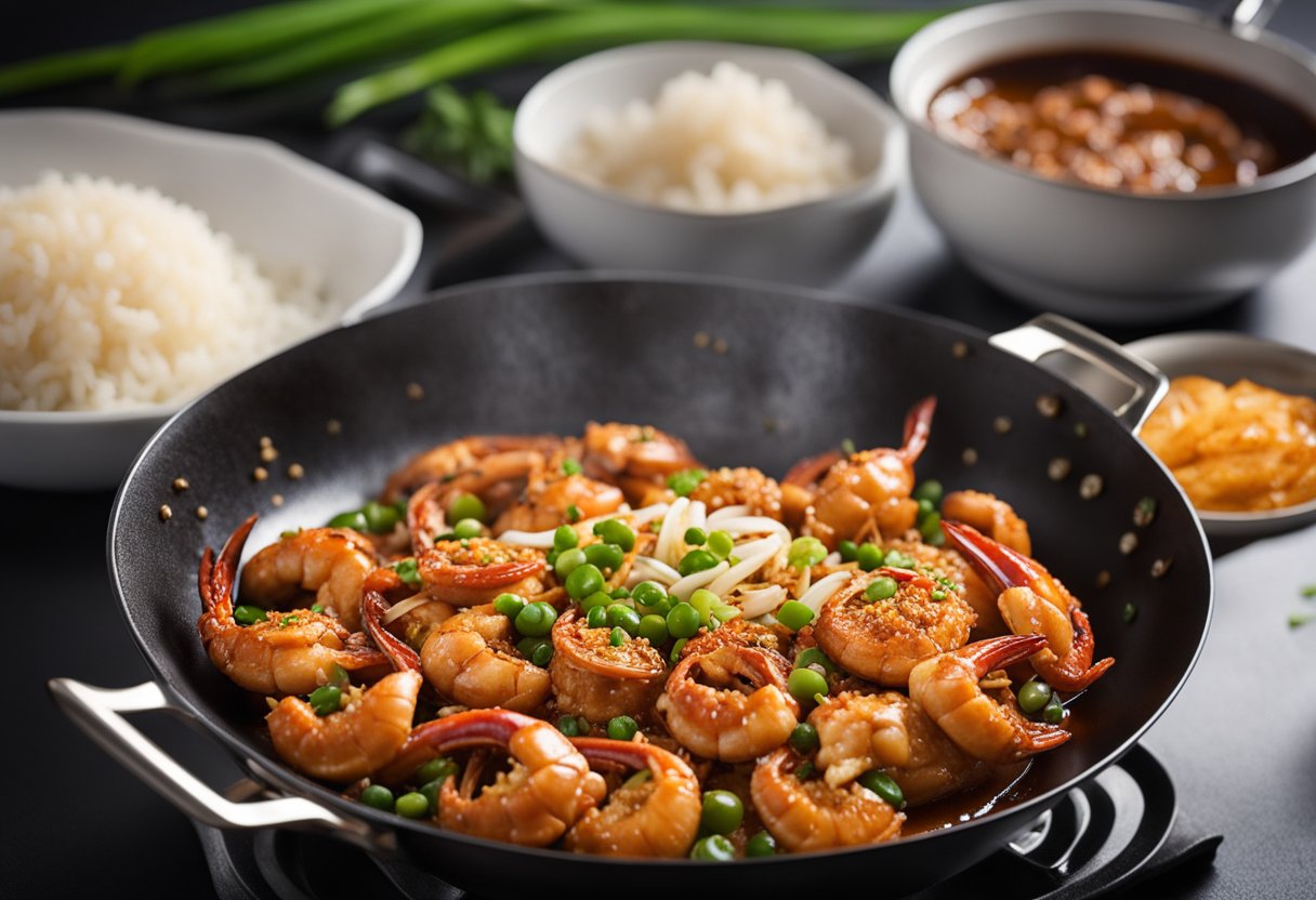 A wok sizzles with red chili crab, stir-fried in fragrant garlic and ginger, with a splash of soy sauce and a sprinkle of green onions