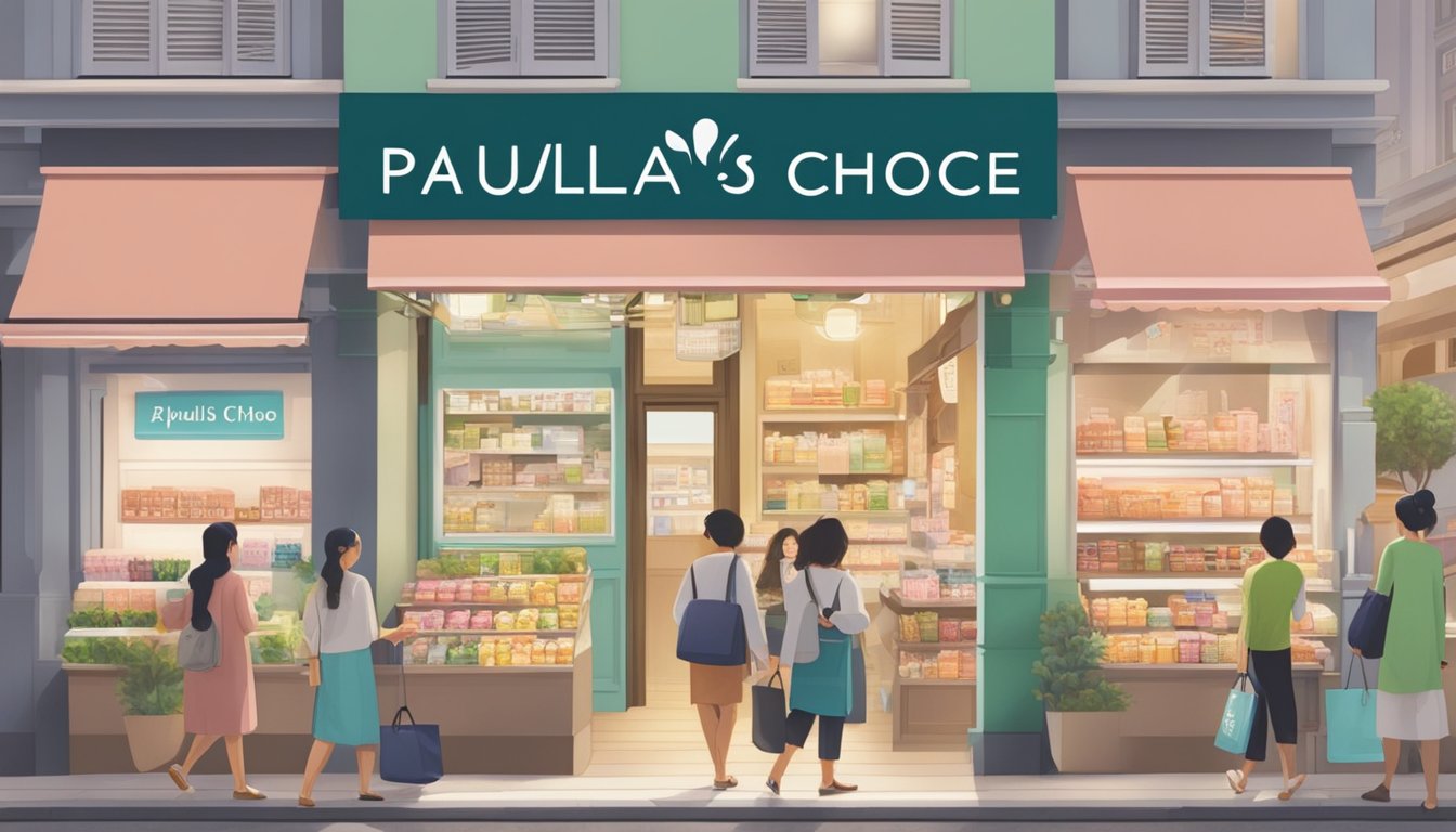 A bustling Singapore street with a prominent store front displaying "Paula's Choice" products, with customers browsing and a sign indicating "Frequently Asked Questions."