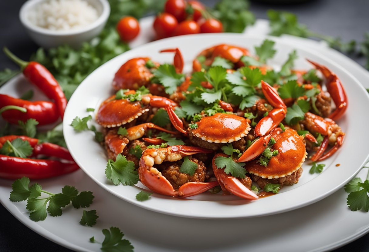 A platter of Chinese chili crab, adorned with fresh cilantro and red chili slices, is being served on a white ceramic plate