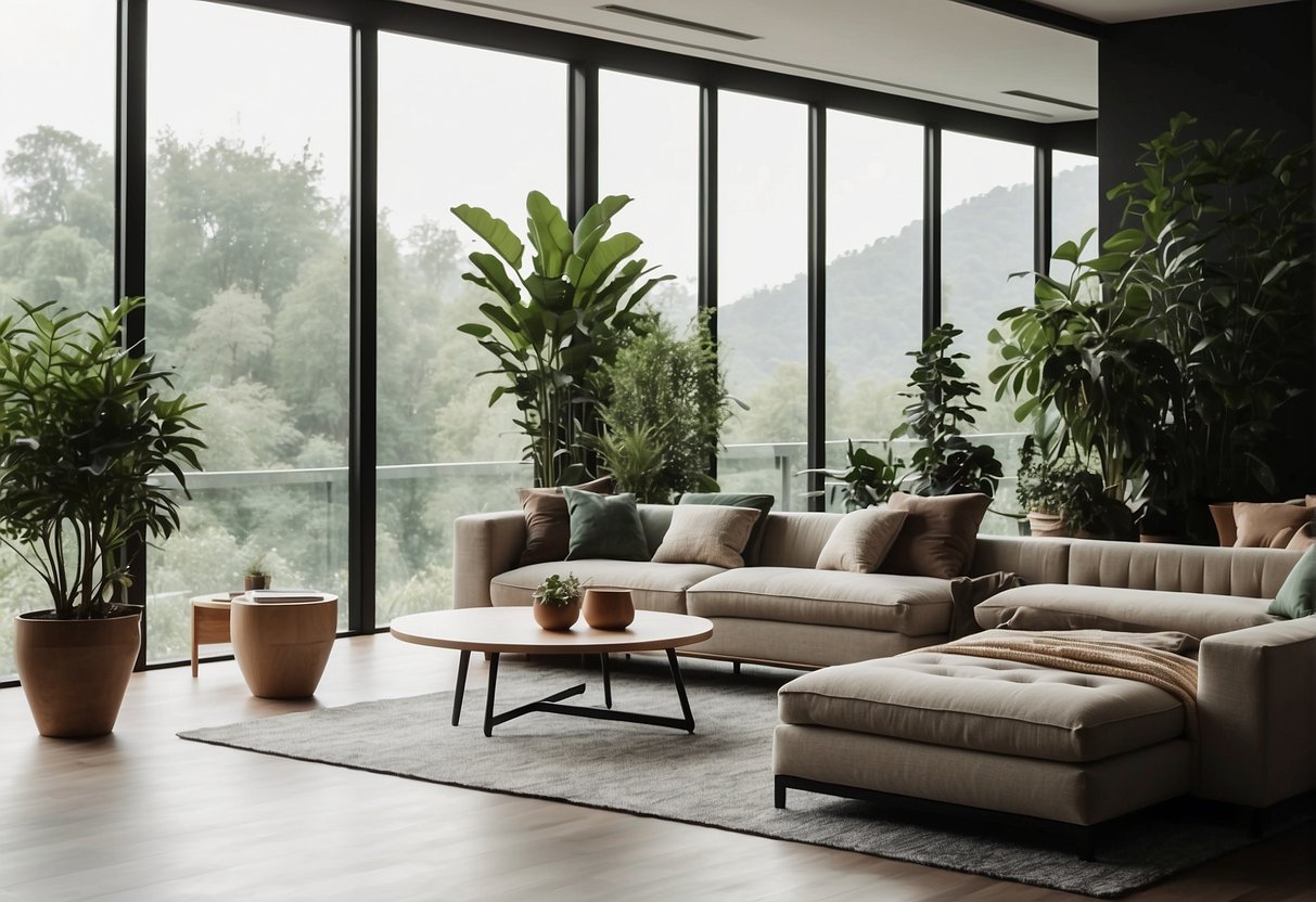 A modern, minimalist room with natural lighting and clean lines. Aesthetic decor and greenery add warmth and visual interest