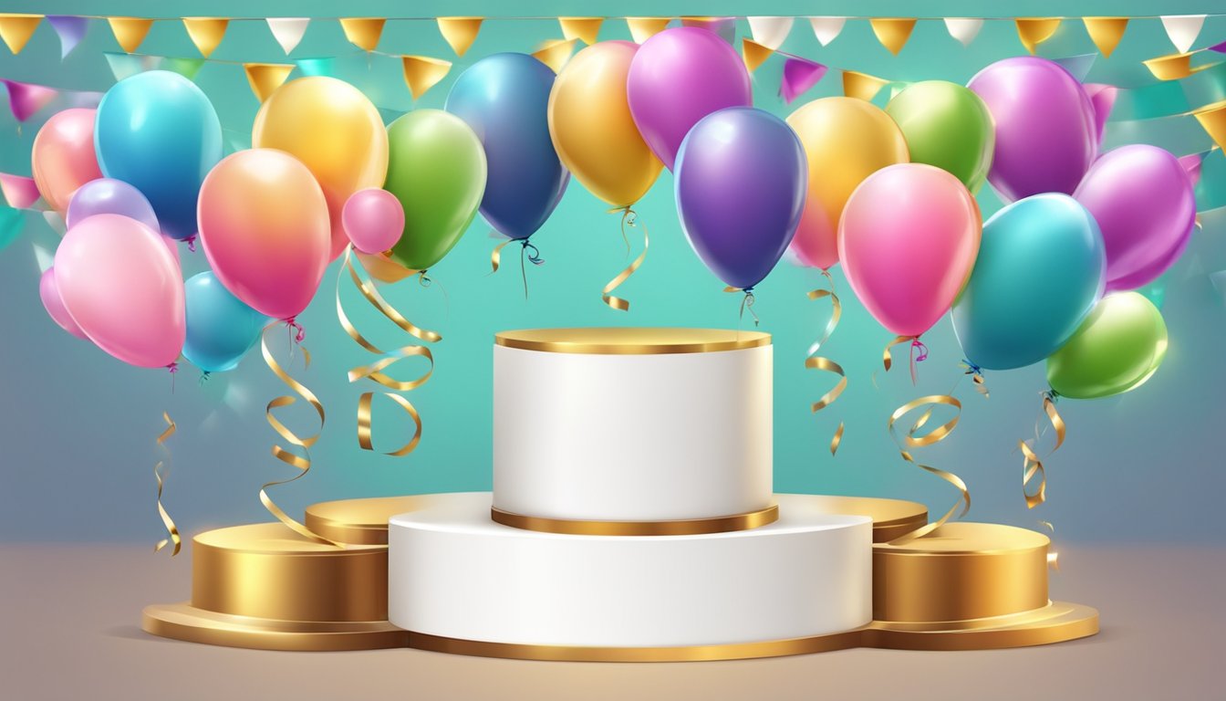Colorful balloons, festive banners, and a shiny ceremonial ribbon on a decorative stand. A pair of golden scissors and a podium with a microphone