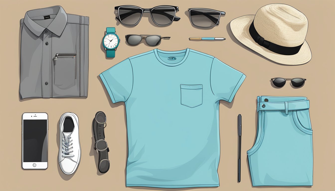 A table with various accessories laid out next to a folded Vivo T-shirt, including sunglasses, a watch, and a hat