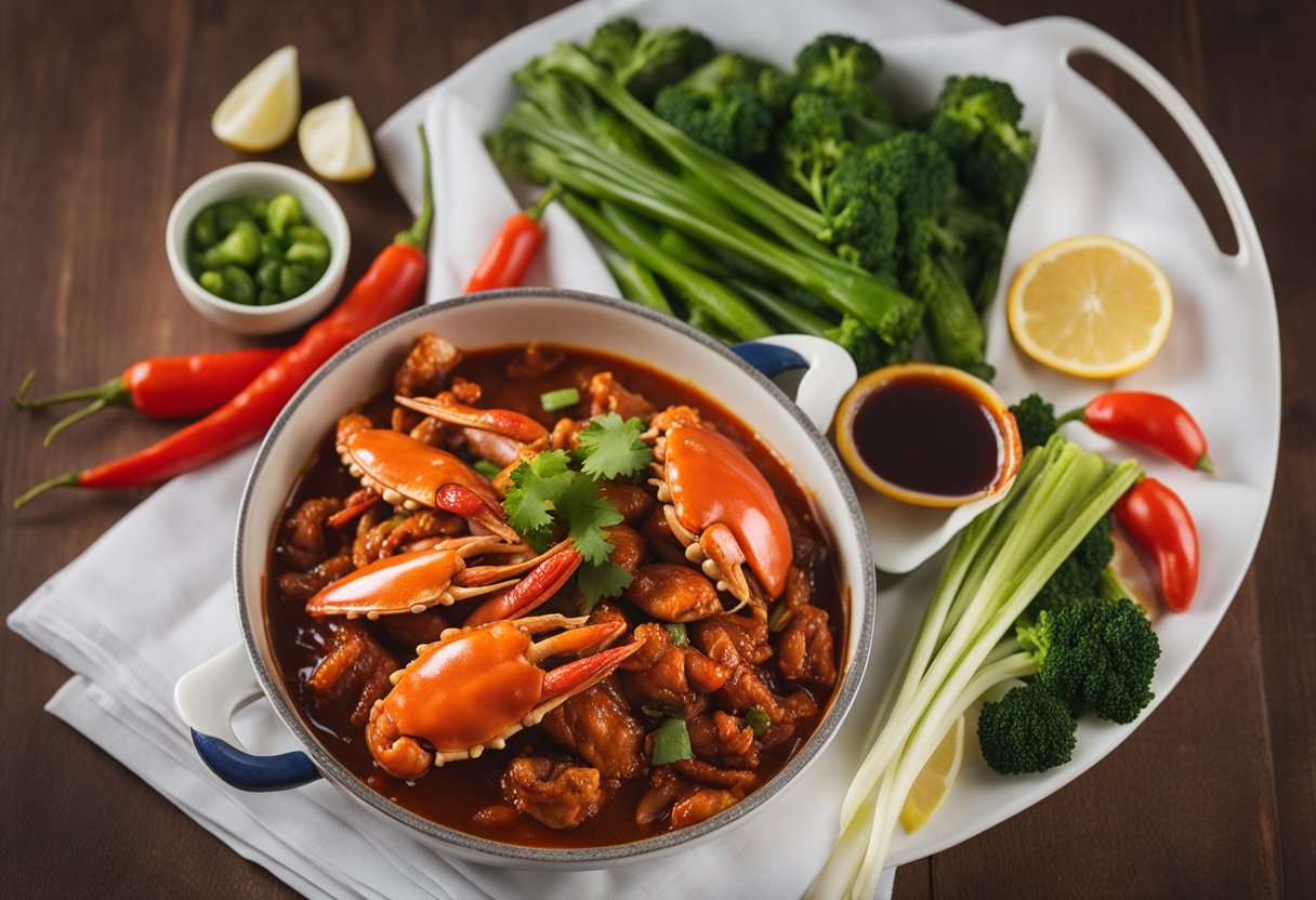 A steaming plate of Chinese chili crab with a side of steamed vegetables, accompanied by a printed sheet of nutritional information and cooking tips