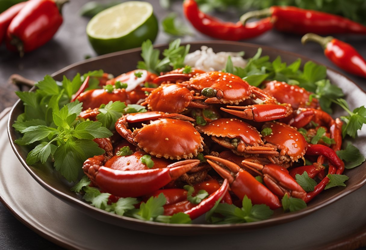 A steaming hot chili crab dish sits on a round plate, surrounded by scattered chili peppers and fresh green herbs. The vibrant red sauce glistens in the light, tempting the viewer with its spicy aroma