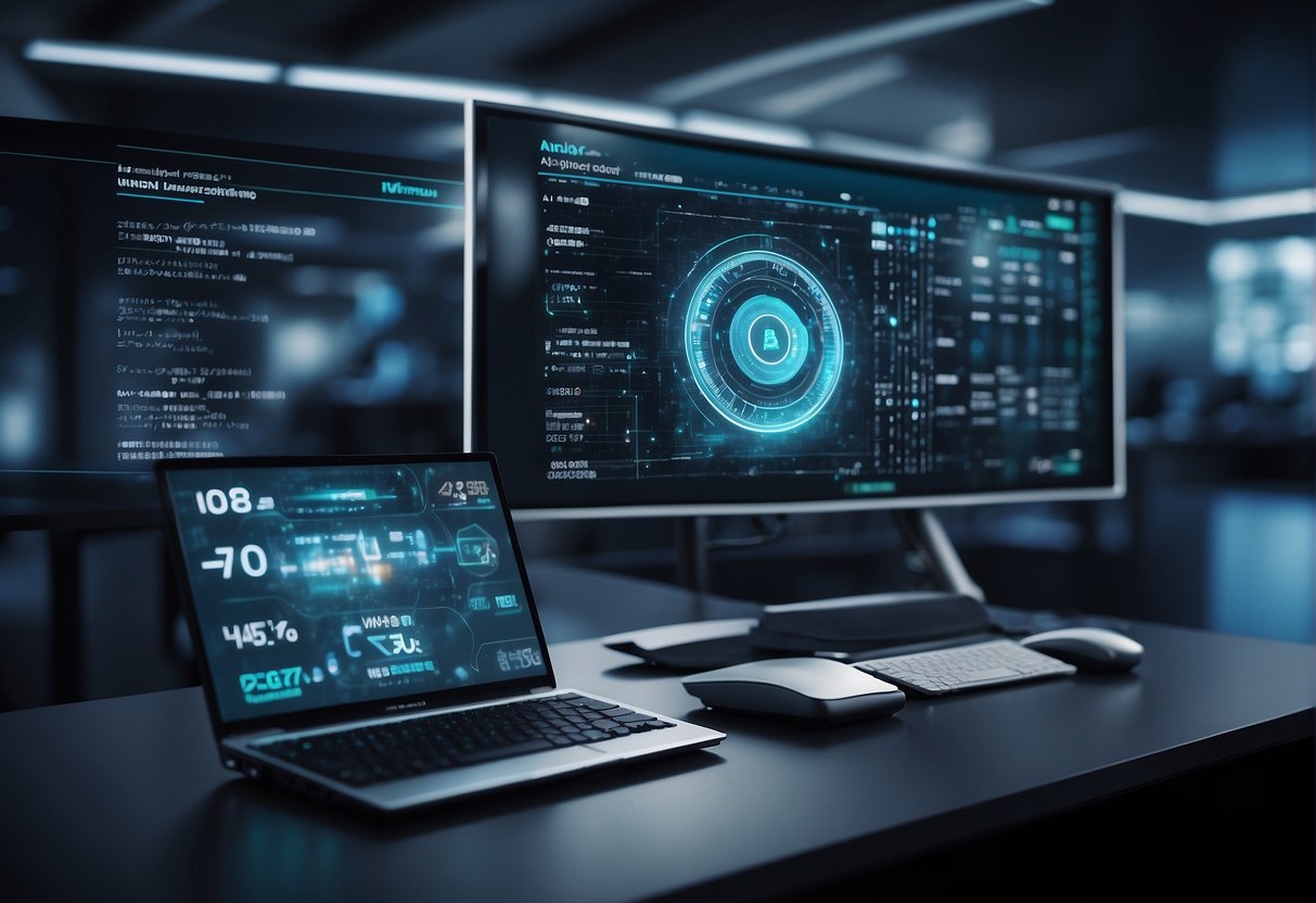 A computer monitor displaying AI video captioning with a futuristic interface, surrounded by cutting-edge technology and visual data analytics