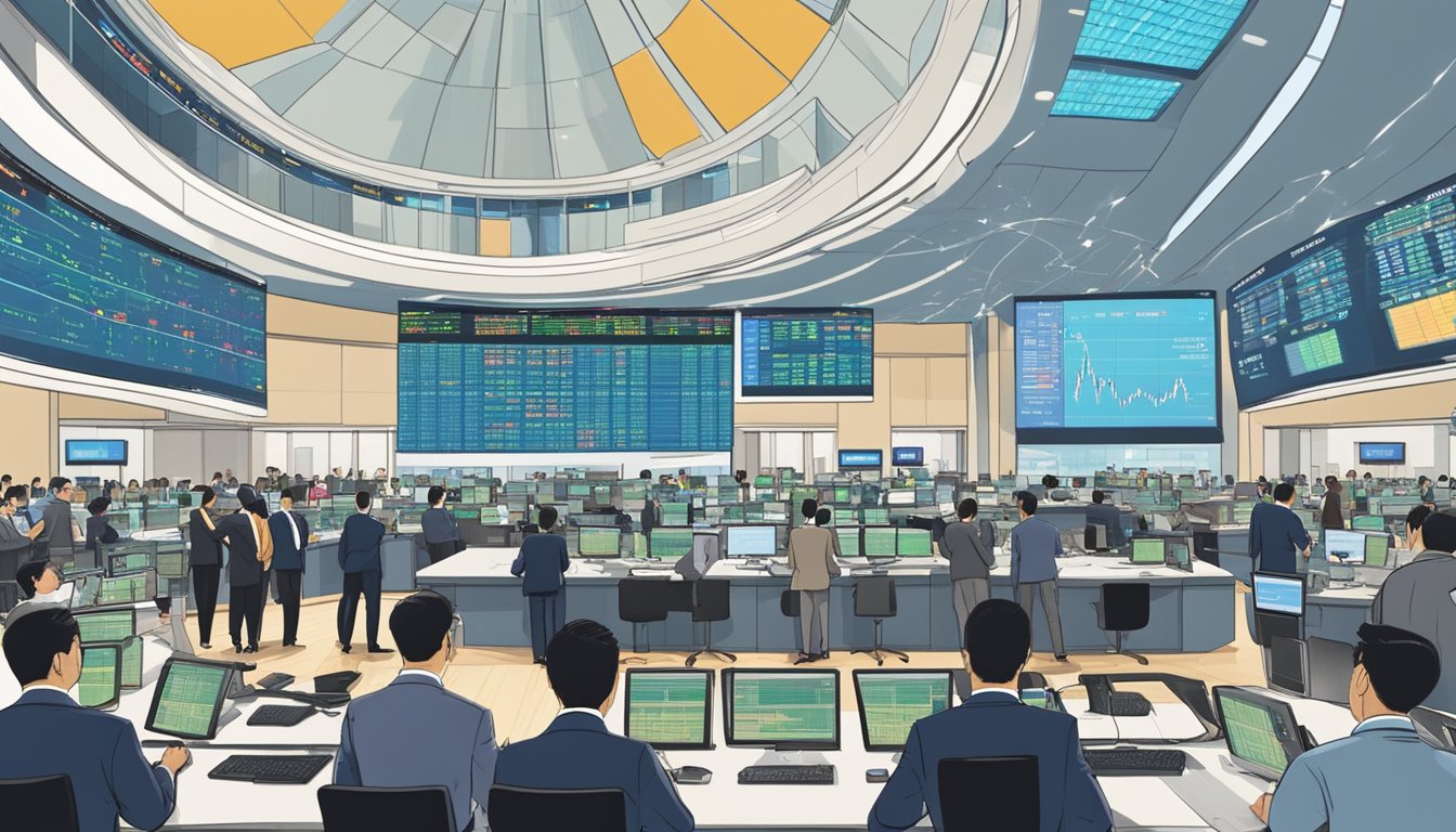 A bustling Singapore stock exchange floor with traders gesturing and shouting, electronic ticker boards displaying real-time stock prices, and a backdrop of modern skyscrapers