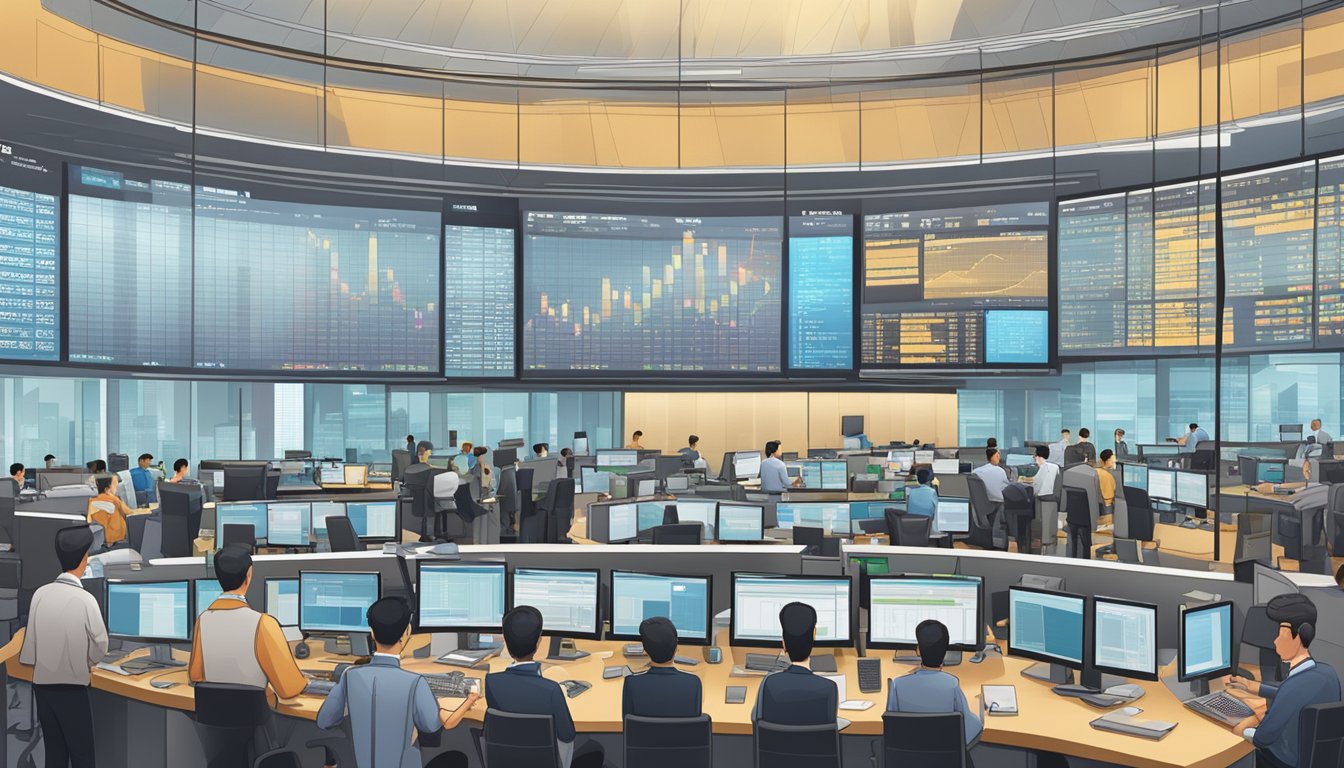 A bustling Singapore stock exchange floor with traders analyzing data and making strategic investment decisions