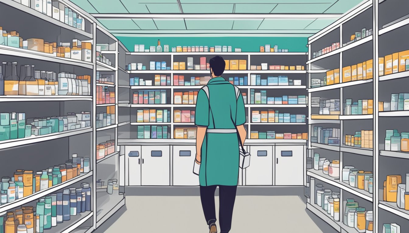 A person walks into a pharmacy in Singapore, browsing shelves stocked with COVID test kits. A sign above reads "COVID Test Kits Available Here."