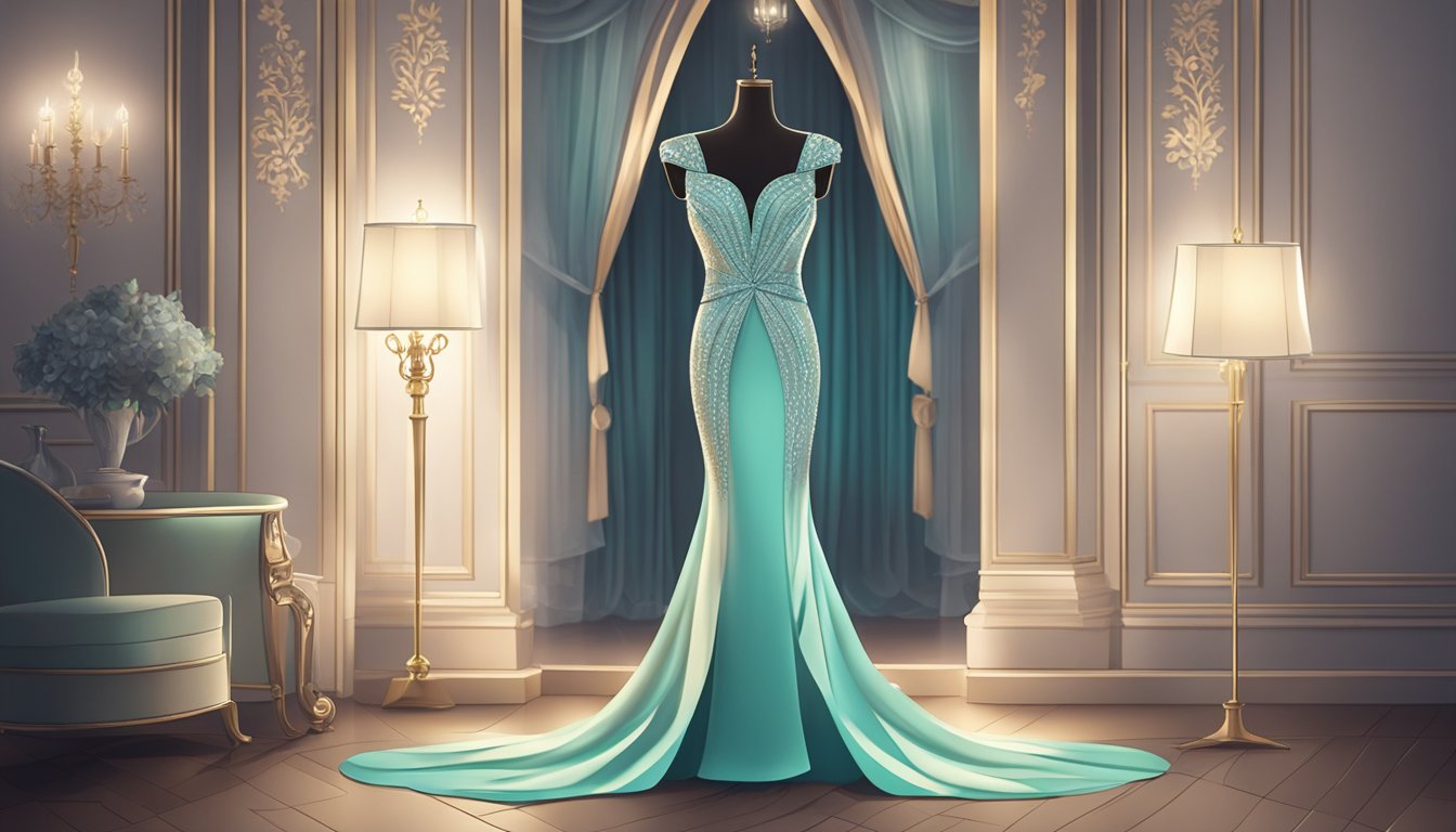 A stunning evening dress displayed on a mannequin, surrounded by elegant accessories and soft lighting