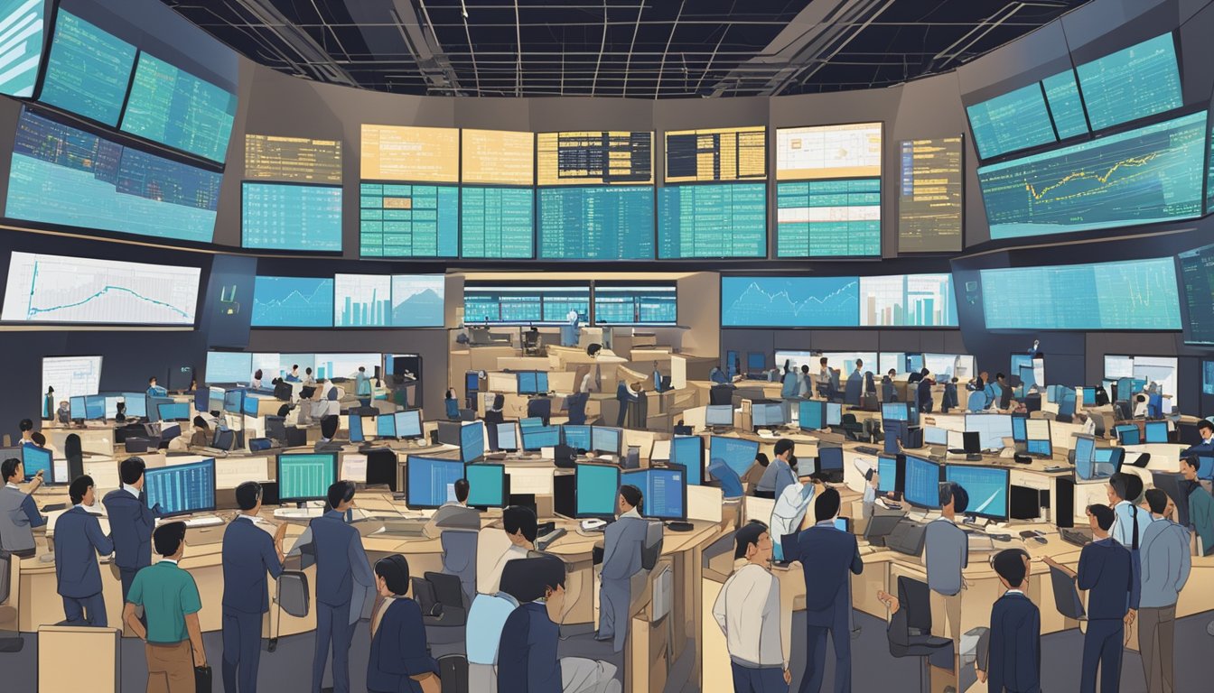 A bustling stock exchange floor in Singapore, with traders gesturing and shouting, screens flashing stock prices, and a prominent "Frequently Asked Questions" board