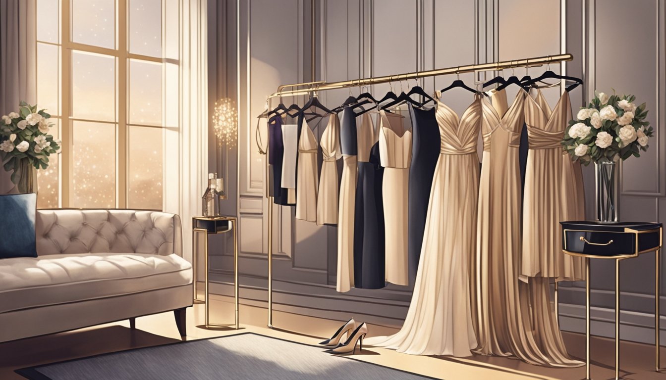 A glamorous evening dress hangs on a sleek, modern clothing rack, surrounded by shimmering accessories and elegant shoes. A soft, warm light bathes the scene, creating a luxurious and inviting atmosphere