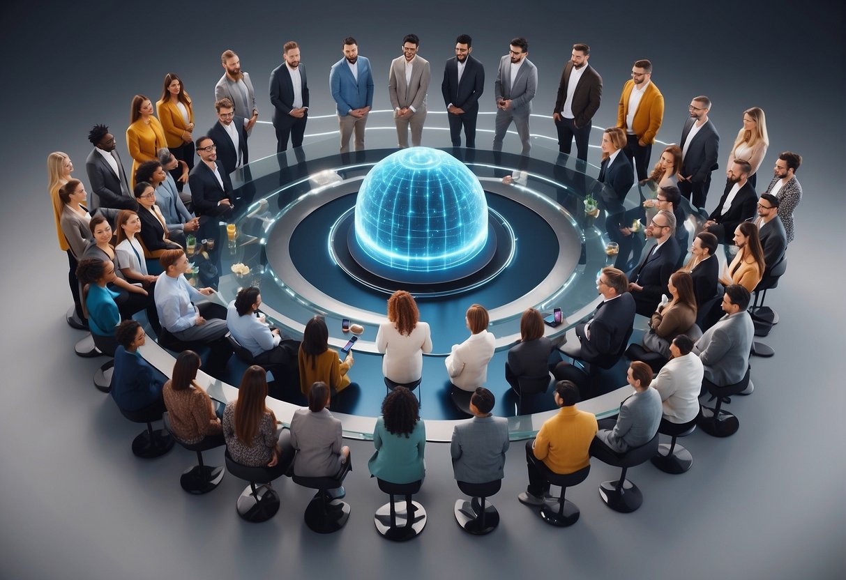 An array of AI influencers, from chatbots to virtual avatars, engaging with diverse audiences across digital platforms