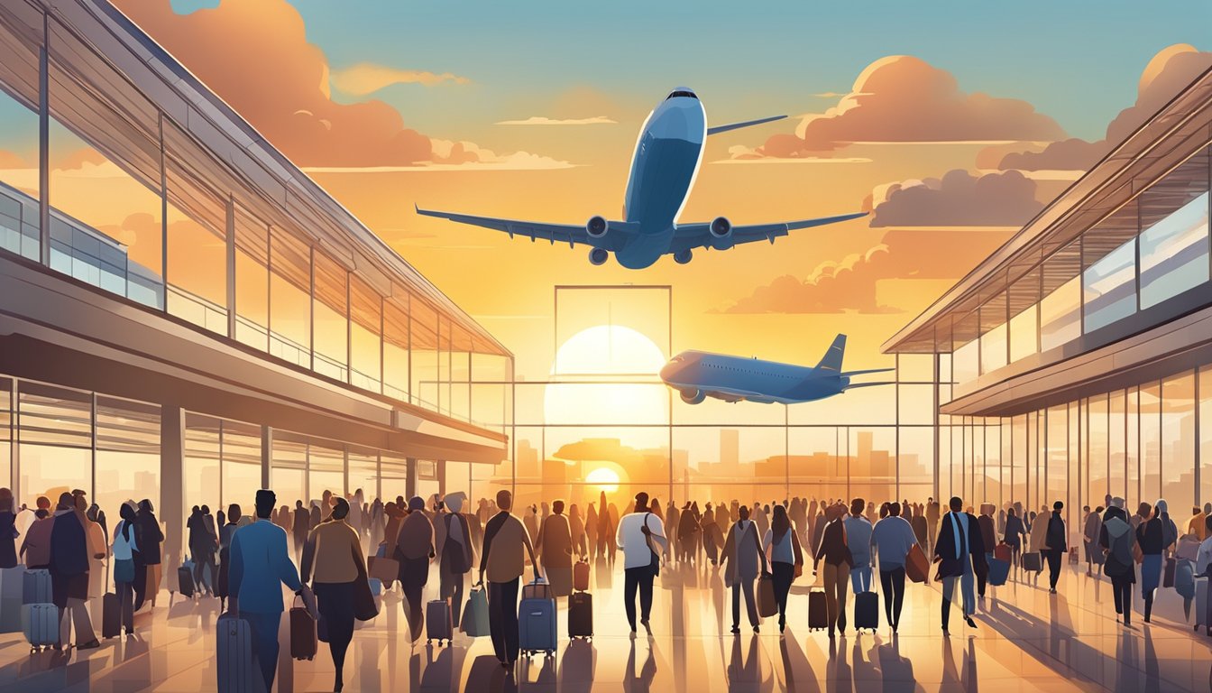 Passengers rushing to airport counters, eager to purchase air tickets. The sun setting in the background, casting a warm glow over the scene