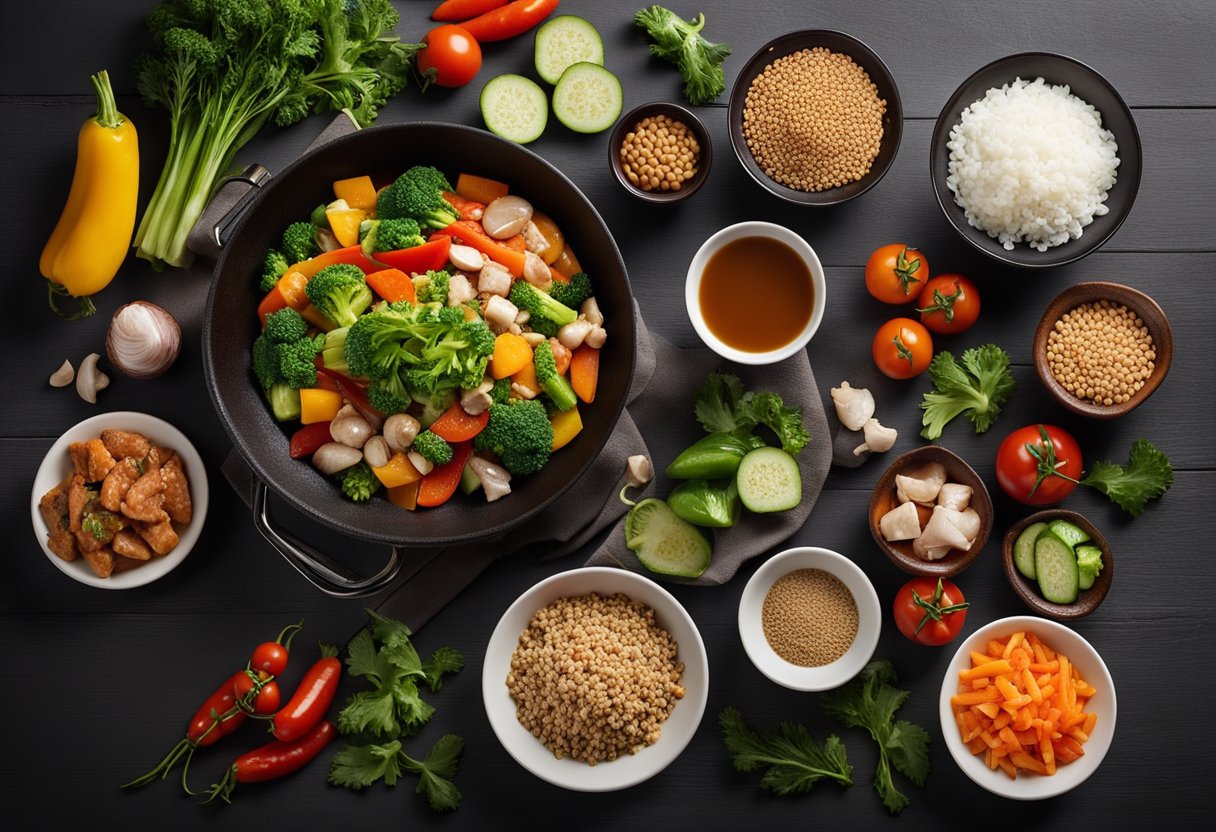 A table set with colorful, fresh vegetables, lean proteins, and whole grains. A wok sizzling with stir-fried vegetables and lean meats. A steaming bowl of nourishing soup