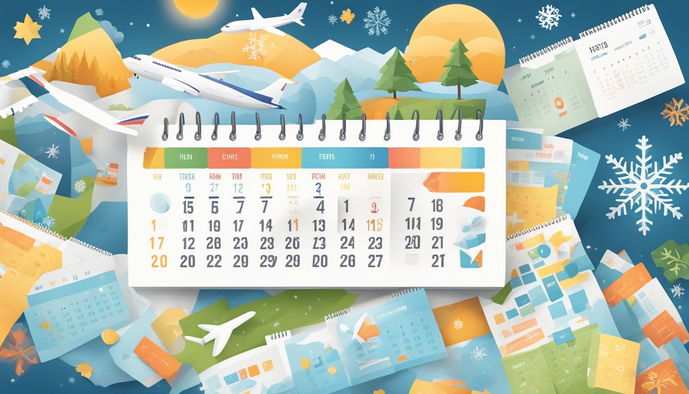 A calendar with seasonal icons (sun, snowflake) and event dates (holidays, festivals) surrounded by airplane tickets and travel brochures