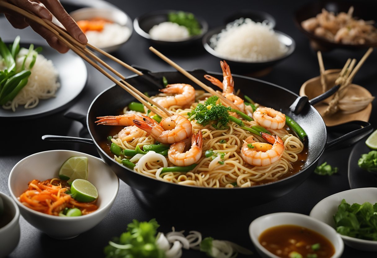 A wok sizzles with prawns, squid, and noodles in a fragrant broth, as the chef adds a spoonful of spicy sambal and garnishes with fresh green onions