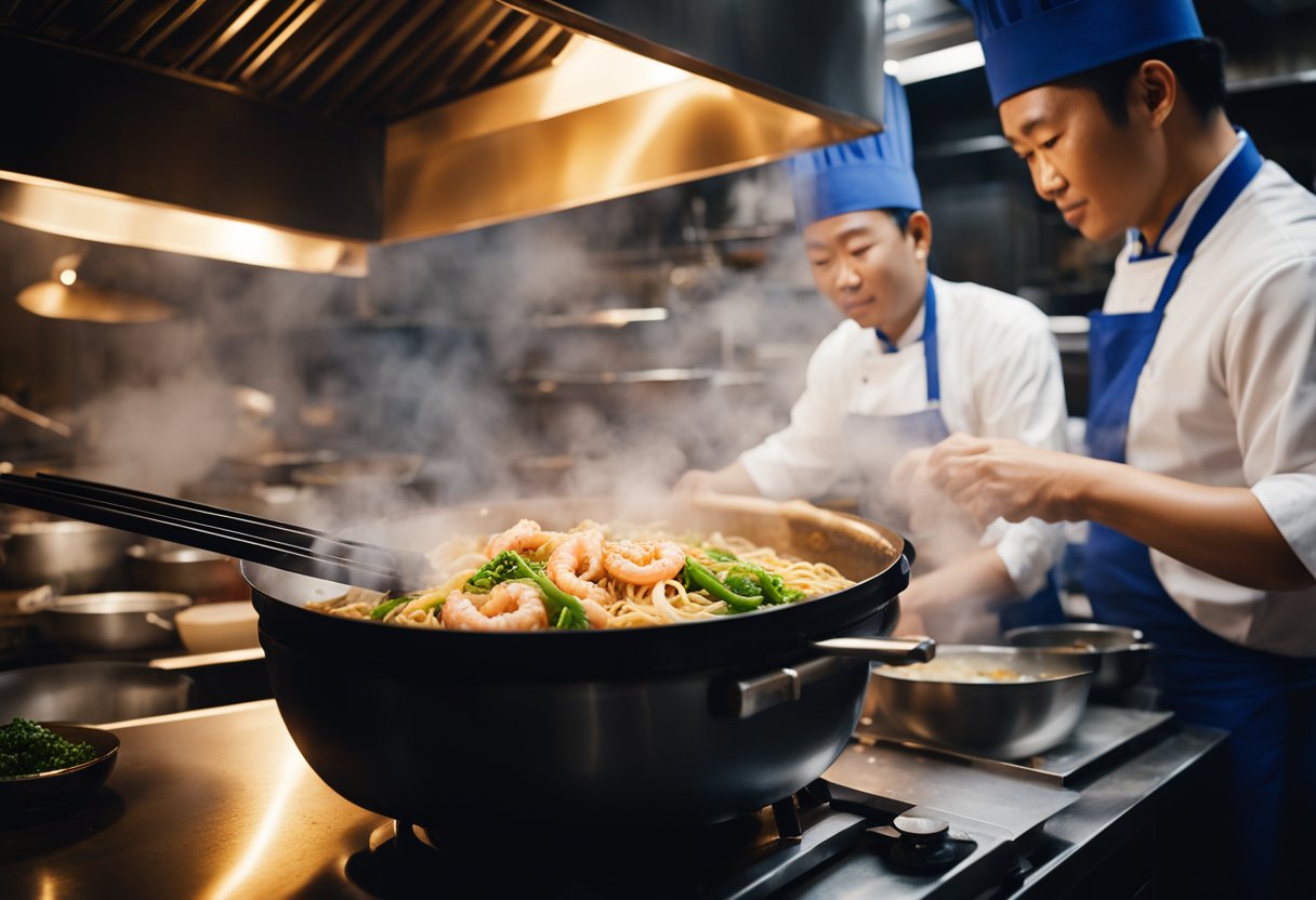 A bustling Chinese kitchen, with steam rising from a sizzling wok filled with fragrant noodles, prawns, and pork, as the chef expertly tosses the ingredients together with a mix of savory sauces and spices