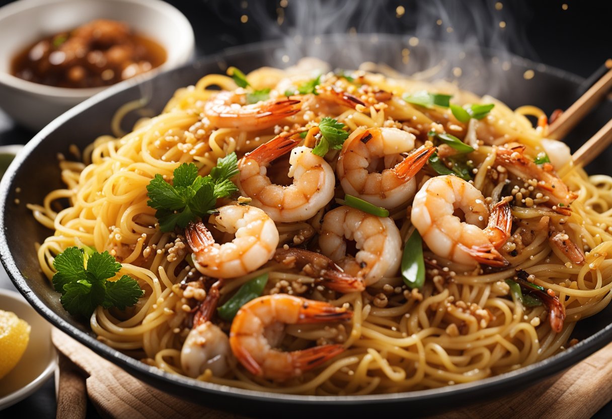 A sizzling wok tosses fresh yellow noodles, prawns, squid, and garlic in a fragrant mix of soy sauce, chili, and pork lard