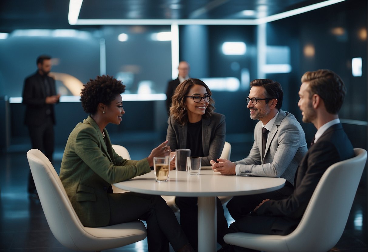 A diverse group of AI influencers discussing ethical and social considerations in a futuristic virtual environment