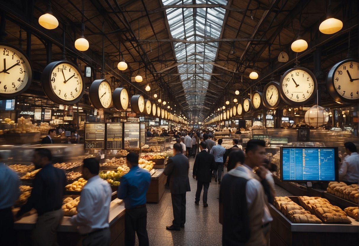A bustling market with traders, charts, and clocks showing different time periods, depicting historical trends and patterns in market timing