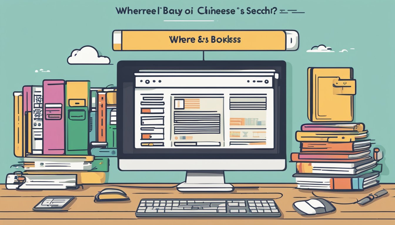 A computer screen displays a search bar with the words "where can i buy Chinese books online" typed in, surrounded by various tabs and icons