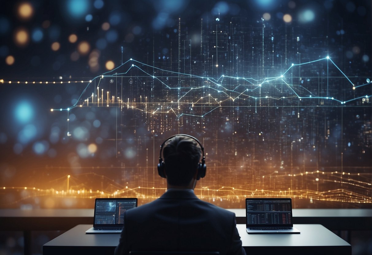 AI influencers charting market trends, predicting future directions. Data streams, algorithms, and graphs visually represented
