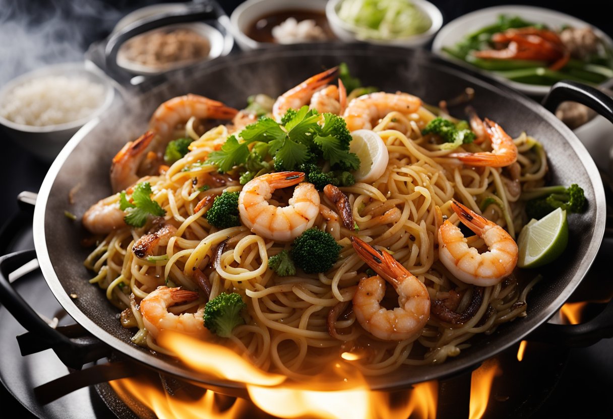 Sizzling wok with stir-fried noodles, prawns, and squid. Steam rising, adding in fragrant garlic and dark soy sauce