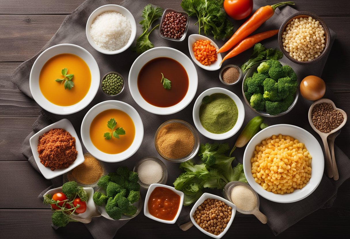 A table set with colorful bowls of low-sodium sauces and seasonings next to fresh vegetables and lean protein, ready for heart-healthy Chinese food recipes