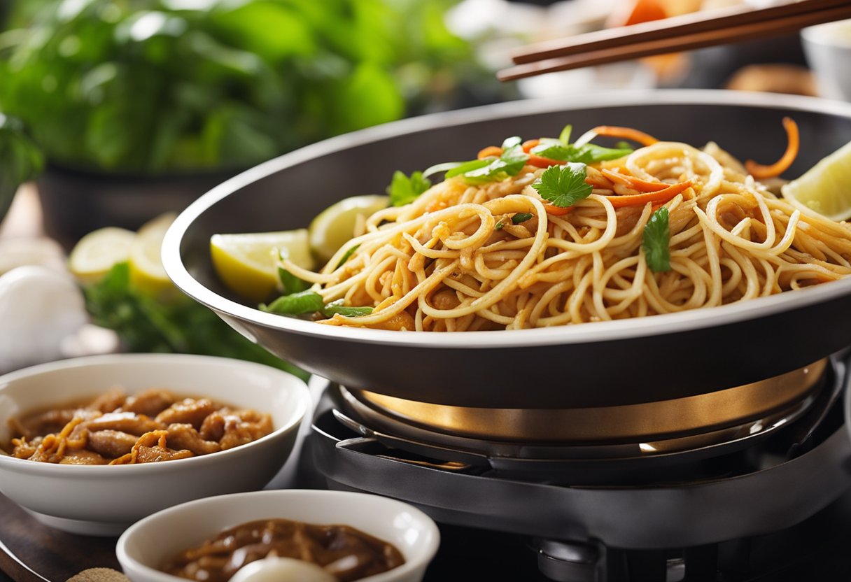 A sizzling wok cooks up variations of Hokkien Mee, with Chinese ingredients and spices adding flavor and aroma to the dish