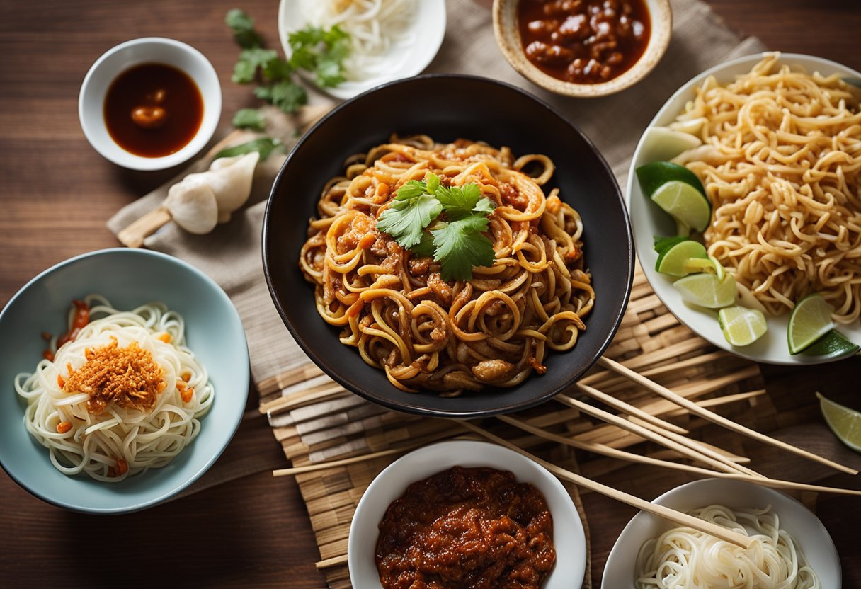 A steaming plate of hokkien mee sits next to a bowl of fresh chili paste, while a pair of chopsticks rest on the side