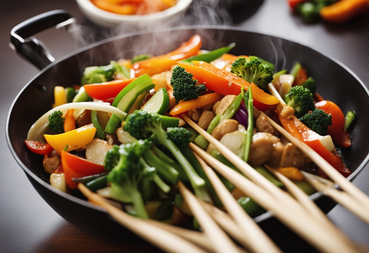 A wok sizzles with colorful vegetables and lean protein, as steam rises from the heart-healthy Chinese dish. The chef uses minimal oil and incorporates traditional techniques for a delicious and nutritious meal