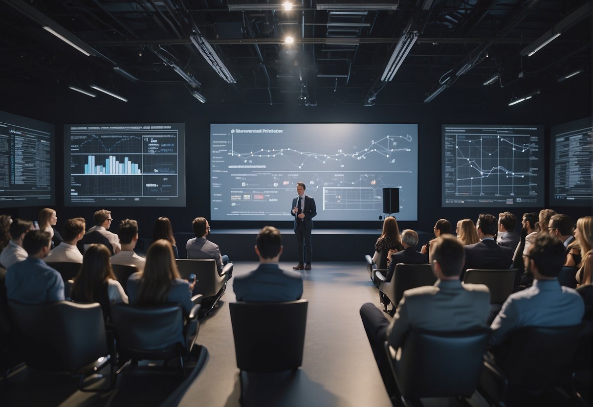 An AI influencer analyzing data and presenting case studies to an attentive audience in a modern, tech-savvy environment