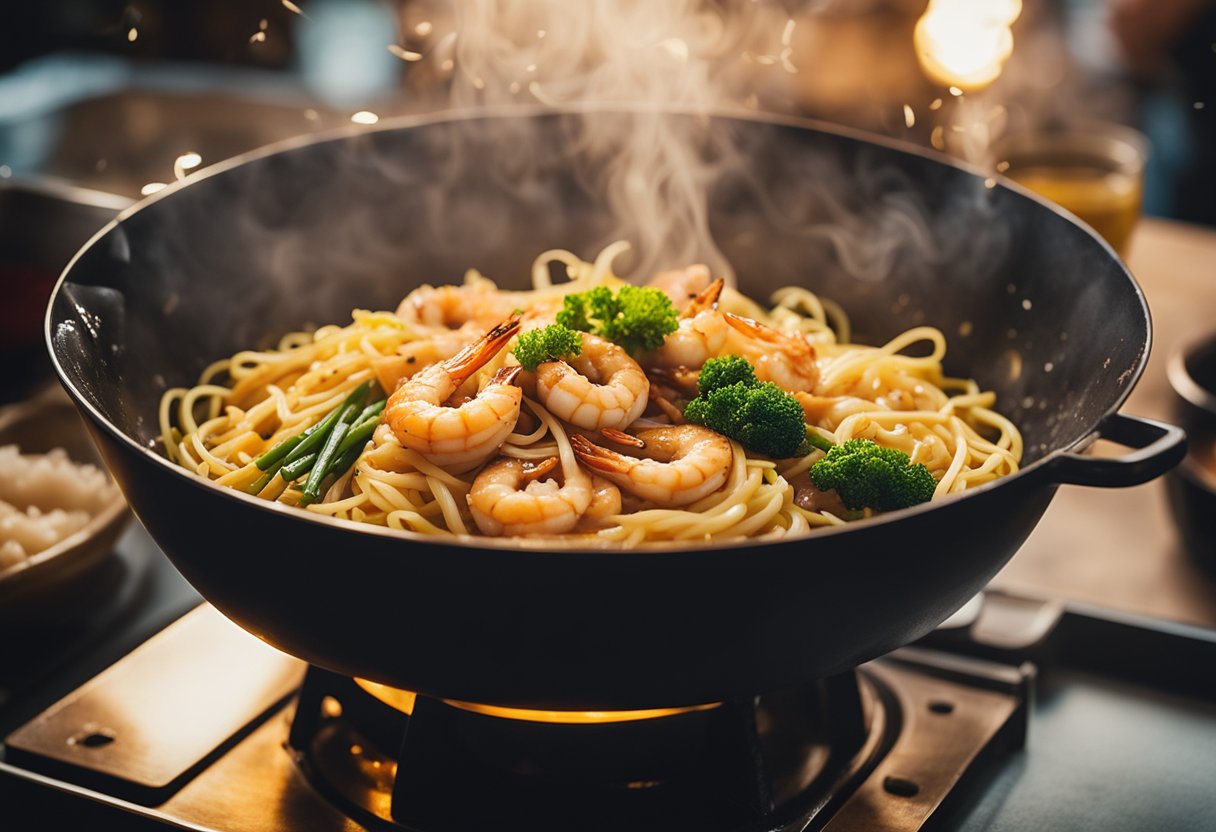 A steaming wok sizzles with Hokkien mee ingredients: prawns, squid, pork belly, and thick yellow noodles, all bathed in a fragrant, savory sauce