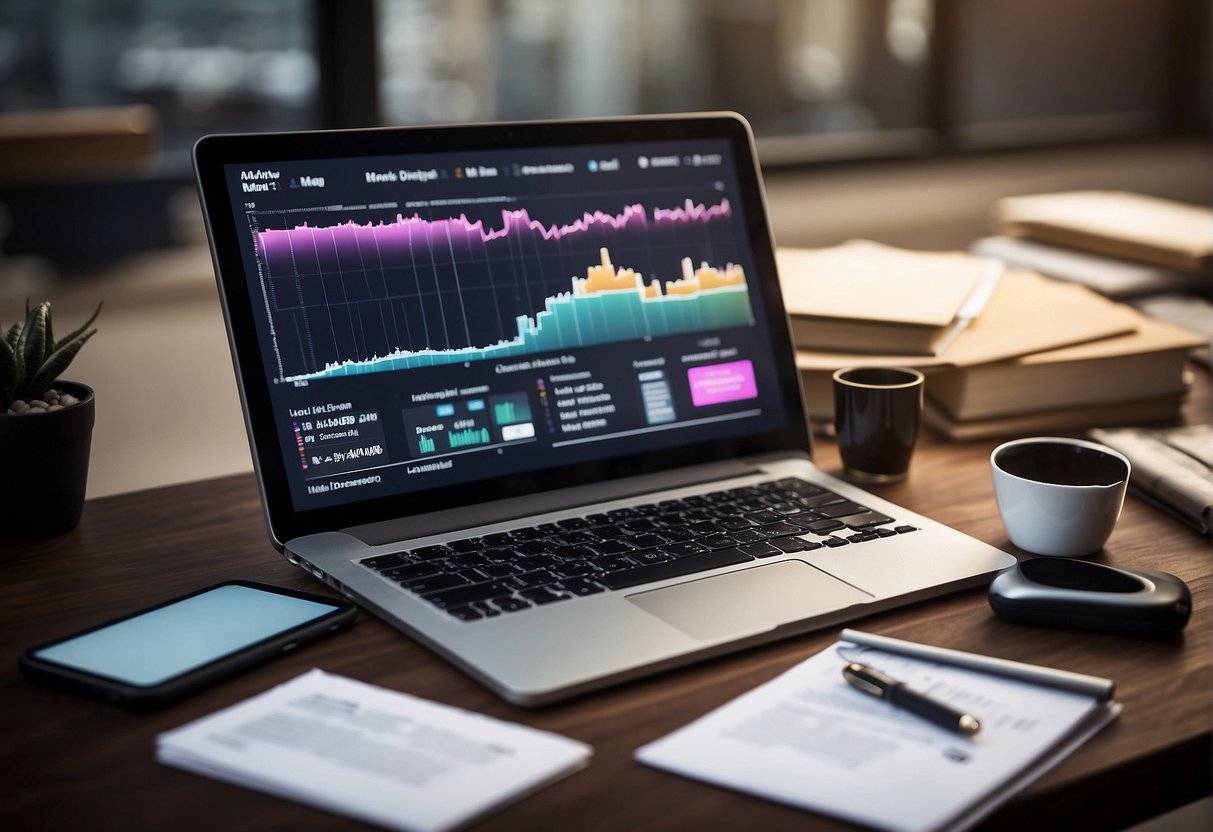 A desk with a computer, tablet, and smartphone surrounded by books and articles on AI. Graphs and charts on the screen