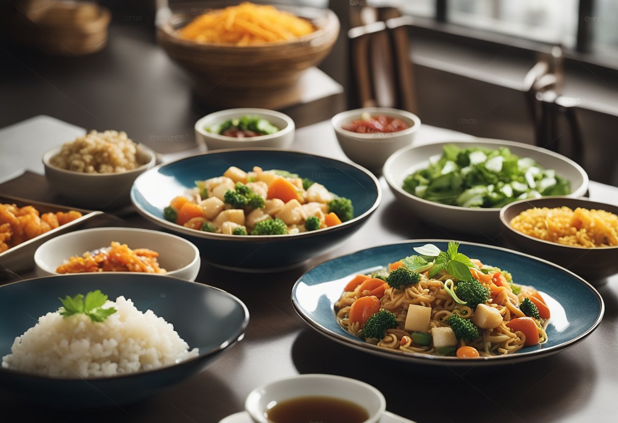 A table set with a variety of colorful and nutritious Chinese dishes, accompanied by a list of frequently asked questions about heart-healthy recipes