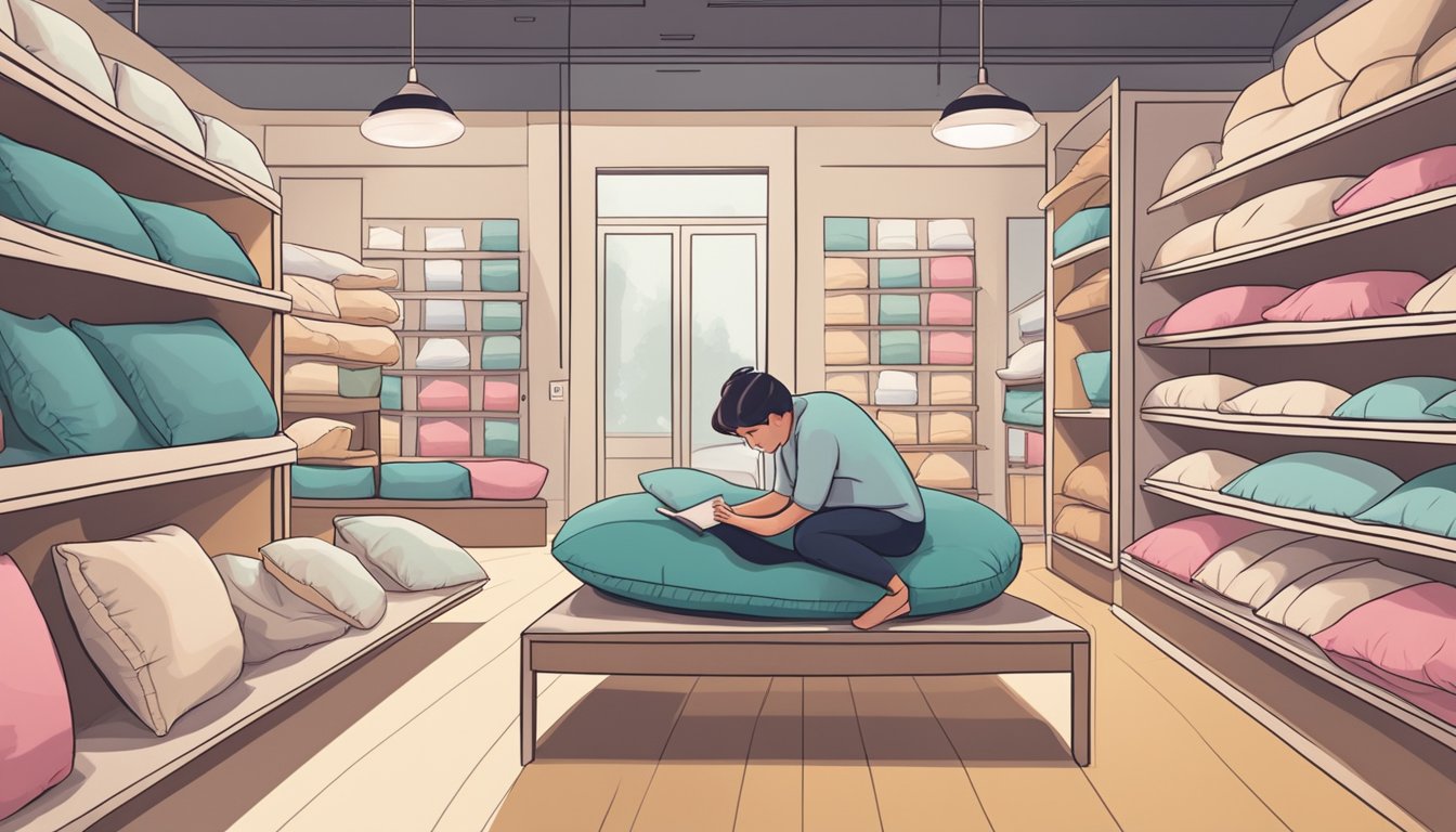 A person browsing through different types of pillows in a store, comparing sizes, shapes, and materials for comfortable sleep