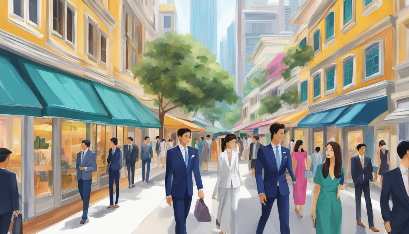 A bustling street in Singapore, with vibrant storefronts displaying a variety of suits. Mannequins dressed in stylish attire catch the eye of passersby, beckoning them to explore the suit havens within