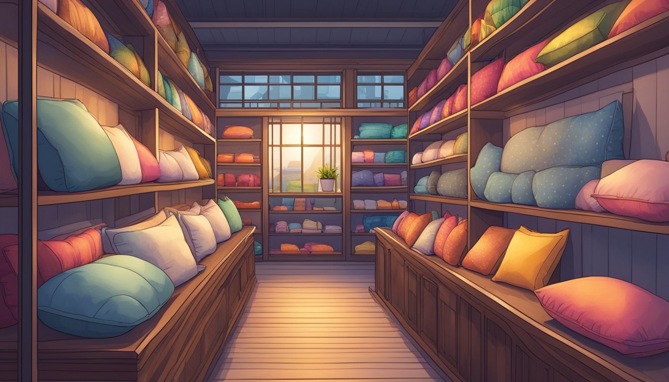 A cozy store in Singapore displays a variety of pillows in different shapes, sizes, and colors. Bright lights illuminate the shelves, showcasing the soft and fluffy pillows available for purchase