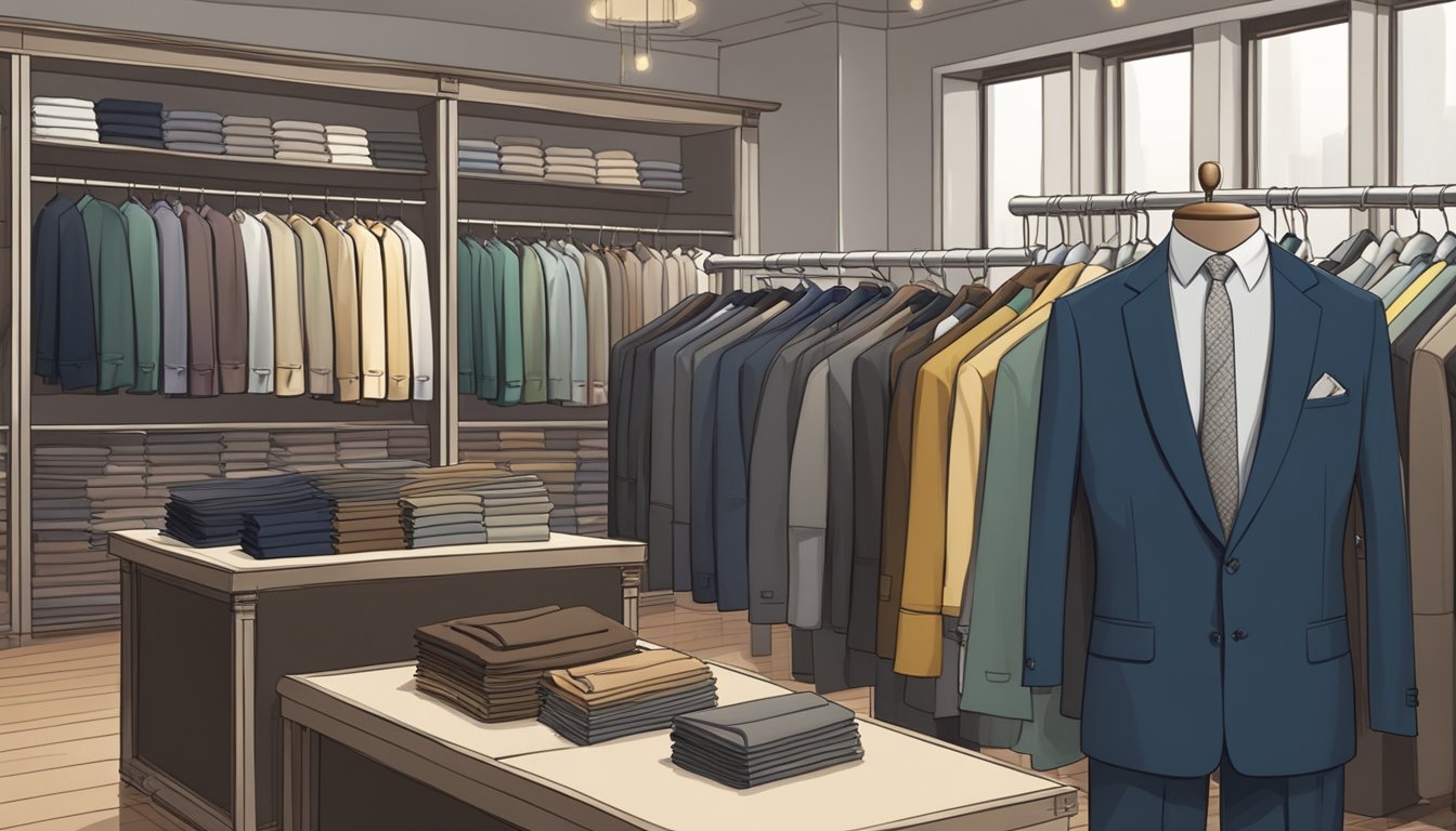 A well-lit boutique with rows of neatly displayed suits in various colors and styles. A professional tailor assisting a customer with fabric swatches