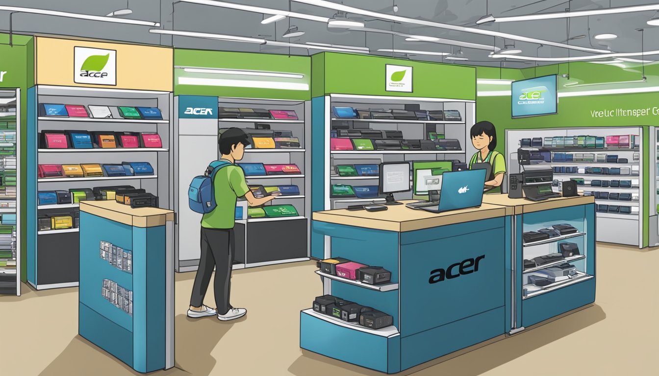 An electronics store in Singapore sells Acer laptop chargers. Shelves display various chargers, with the Acer brand prominently featured. Customers browse the selection, and a sales associate assists a customer with a purchase