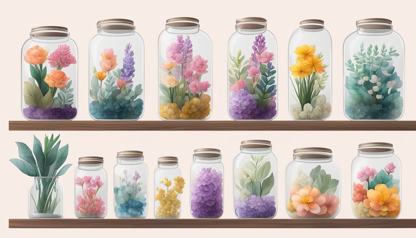 Preserved flowers displayed in glass jars at a Singaporean flower shop. Brightly lit, with various colors and sizes available for purchase