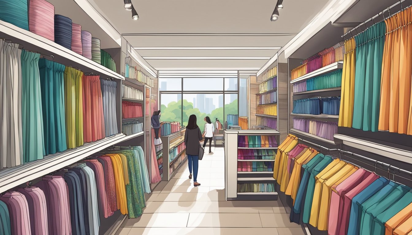A bustling home decor store displays various ready-made curtains in Singapore. Brightly colored fabrics and different patterns line the shelves, while customers browse and compare options