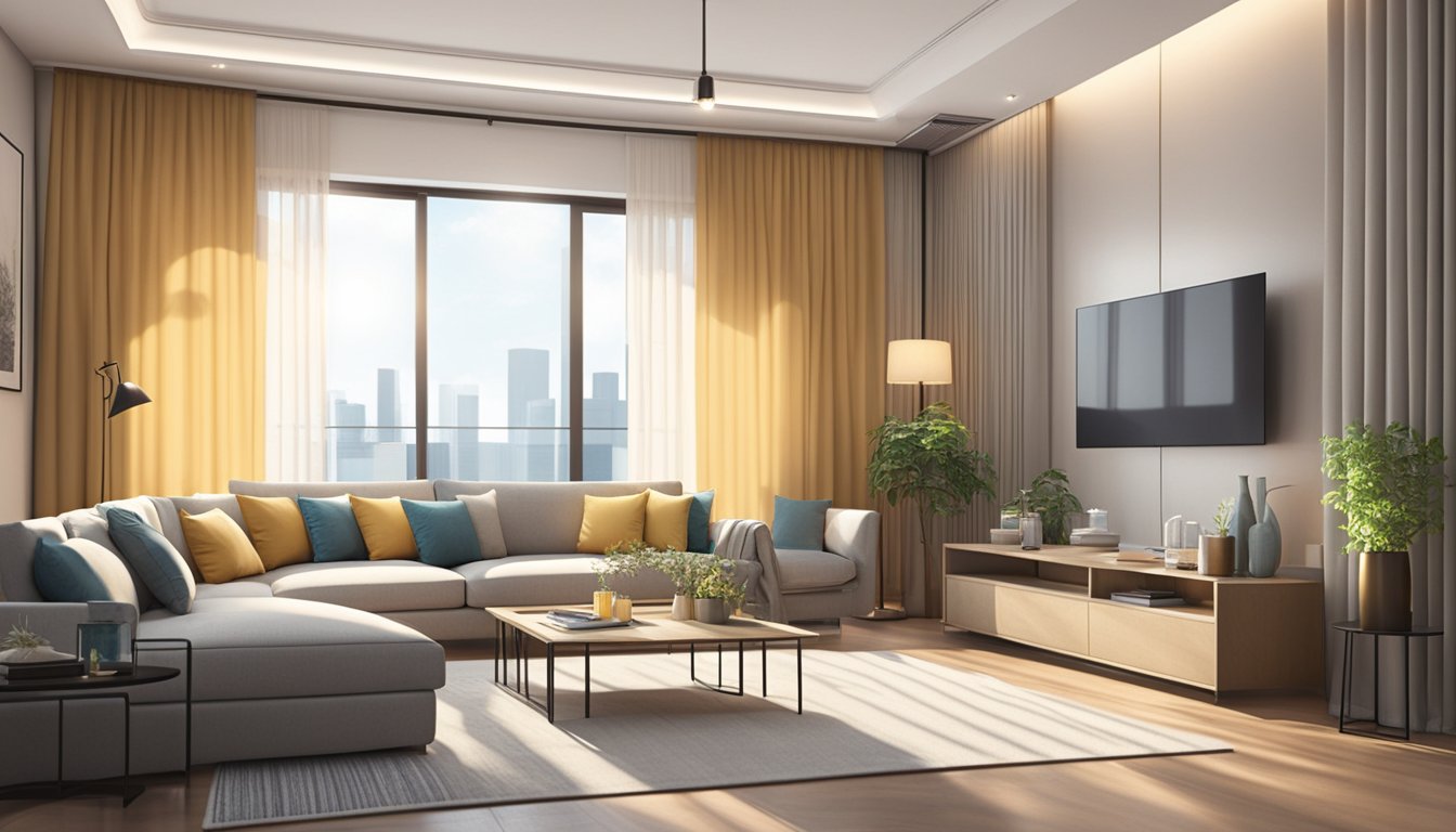 A cozy living room with sunlight streaming through the window, showcasing elegant ready-made curtains in Singapore